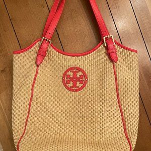 Tory Burch Slouchy Straw Tote Bag, Natural/Poppy
